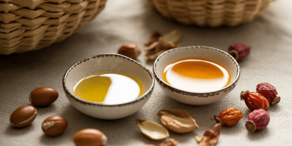 Realistic still life of argan oil and rosehip oil in separate ceramic bowls, with golden and orange tones, surrounded by argan nuts and rosehip fruits on a natural stone surface, styled for skincare comparison. Nature morte réaliste d'huile d'argan et d'huile de rose musquée dans des bols en céramique séparés, aux tons dorés et orange, entourés de noix d'argan et de fruits de rose musquée sur une surface en pierre naturelle, conçue pour la comparaison des soins de la peau.