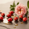 Realistic composition of fresh rosehip berries on a smooth stone surface with golden oil drops, soft sunlight, rose petals, and green leaves in a minimal, earthy luxury skincare setting Composition réaliste de cynorhodons frais sur une surface de pierre lisse avec des gouttes d’huile de Rose Musquée, une lumière douce du soleil, des pétales de rose et des feuilles vertes dans un cadre minimaliste et luxueux aux tons naturels