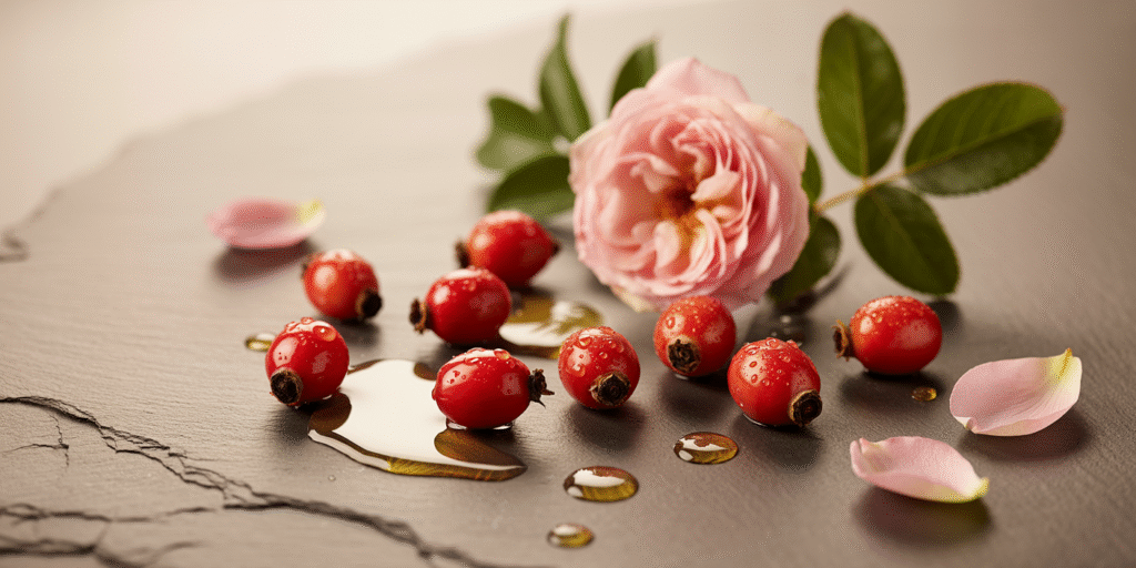 Realistic composition of fresh rosehip berries on a smooth stone surface with golden oil drops, soft sunlight, rose petals, and green leaves in a minimal, earthy luxury skincare setting Composition réaliste de cynorhodons frais sur une surface de pierre lisse avec des gouttes d’huile de Rose Musquée, une lumière douce du soleil, des pétales de rose et des feuilles vertes dans un cadre minimaliste et luxueux aux tons naturels