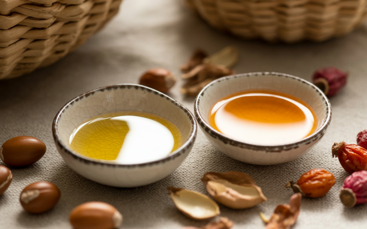 Realistic still life of argan oil and rosehip oil in separate ceramic bowls, with golden and orange tones, surrounded by argan nuts and rosehip fruits on a natural stone surface, styled for skincare comparison. Nature morte réaliste d'huile d'argan et d'huile de rose musquée dans des bols en céramique séparés, aux tons dorés et orange, entourés de noix d'argan et de fruits de rose musquée sur une surface en pierre naturelle, conçue pour la comparaison des soins de la peau.