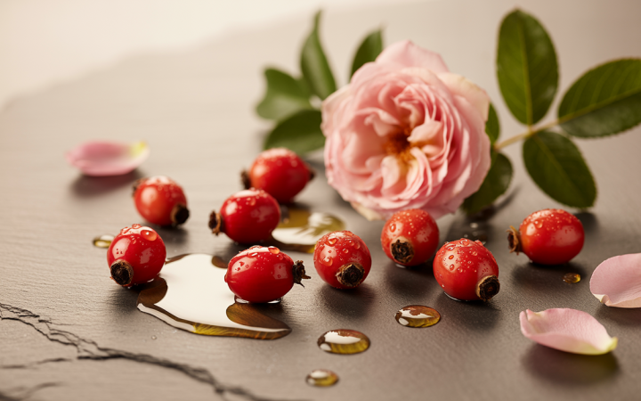 Realistic composition of fresh rosehip berries on a smooth stone surface with golden oil drops, soft sunlight, rose petals, and green leaves in a minimal, earthy luxury skincare setting Composition réaliste de cynorhodons frais sur une surface de pierre lisse avec des gouttes d’huile de Rose Musquée, une lumière douce du soleil, des pétales de rose et des feuilles vertes dans un cadre minimaliste et luxueux aux tons naturels